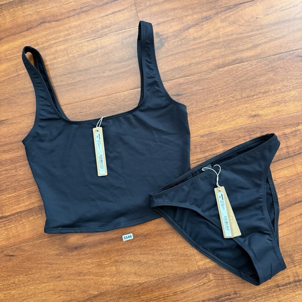 NWT Skims Iconic Swim SET Crop Top Sz S &High Leg Bikini Bottom Black Sz XS
